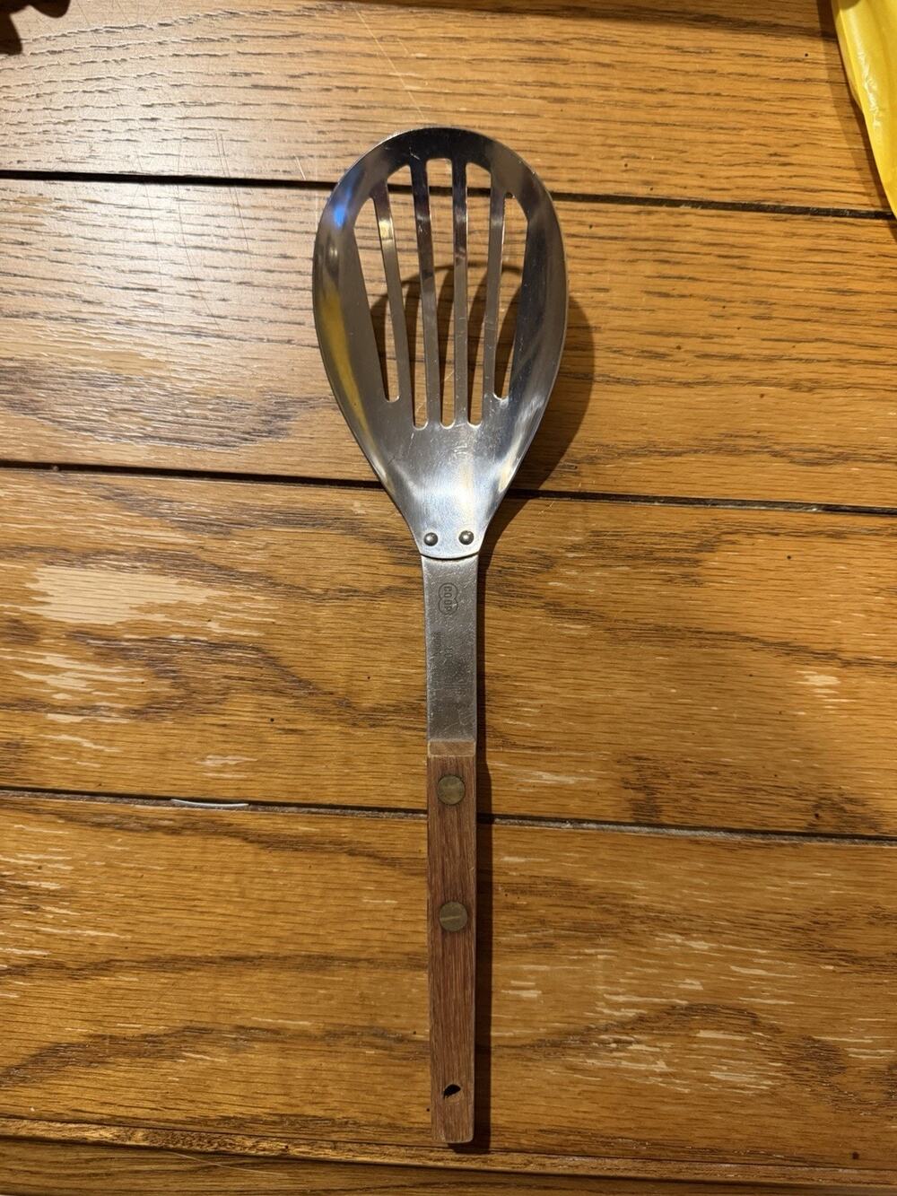 Vintage Slotted Metal Spoon with Wooden Handle Oil Co-op Kitchen Tools 10 Inch